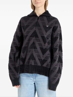 adidas Originals Women's 1/4 Zip Knit Sweatshirt Geometric XL Gray/Black new
